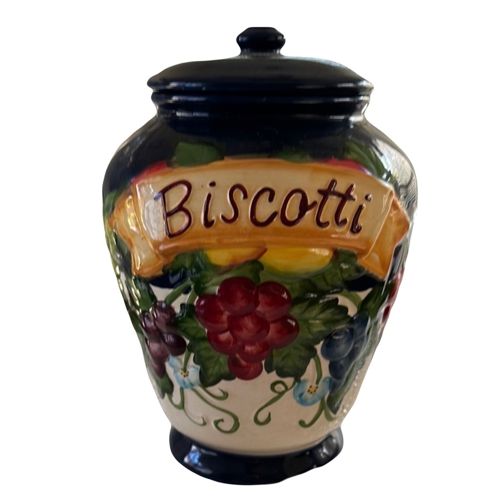 Vintage Hand-Painted Biscotti Jar with Fruit Design by Nonni’s
